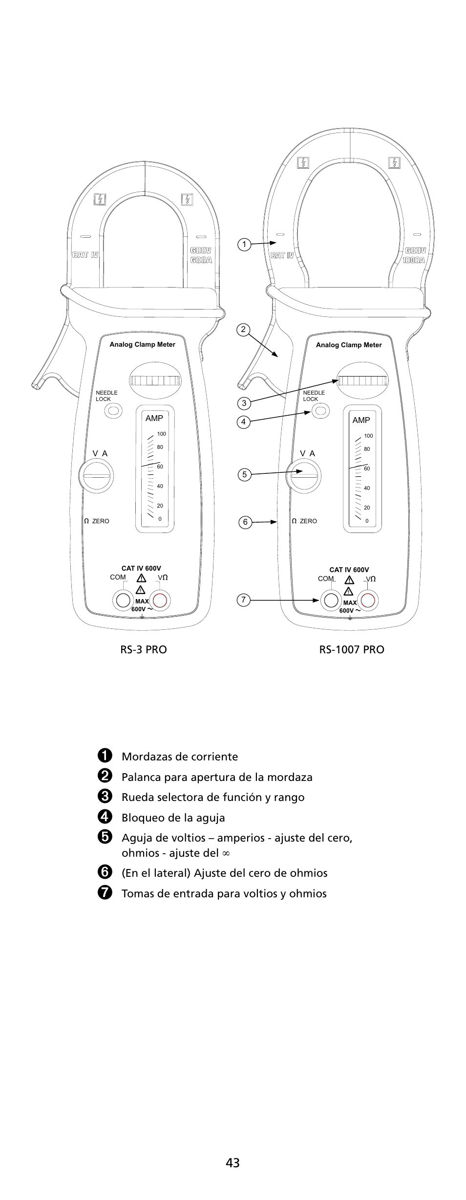 Mordazas de corriente, Palanca para apertura de la mordaza, Rueda selectora de función y rango | Bloqueo de la aguja, En el lateral) ajuste del cero de ohmios | Amprobe RS-1007-PRO Analog-Clamp-Meter-Series User Manual | Page 45 / 64