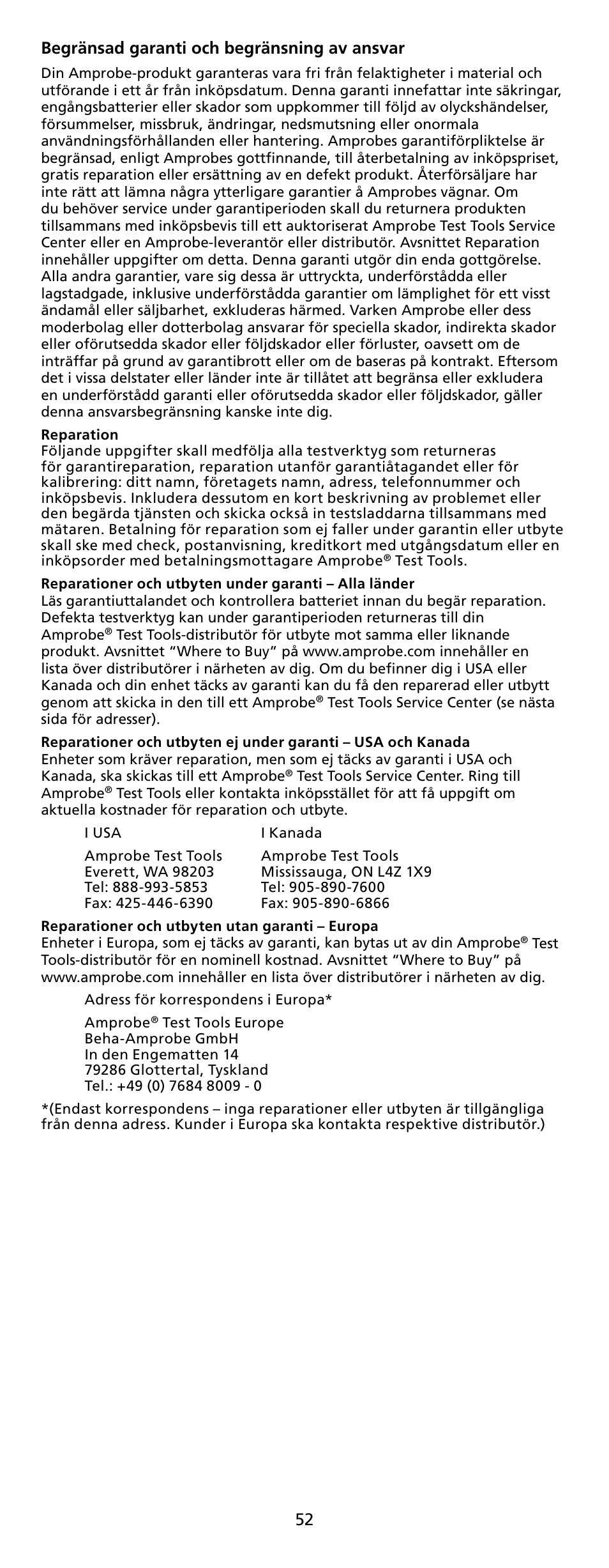 52 begränsad garanti och begränsning av ansvar | Amprobe RS-1007-PRO Analog-Clamp-Meter-Series User Manual | Page 54 / 64