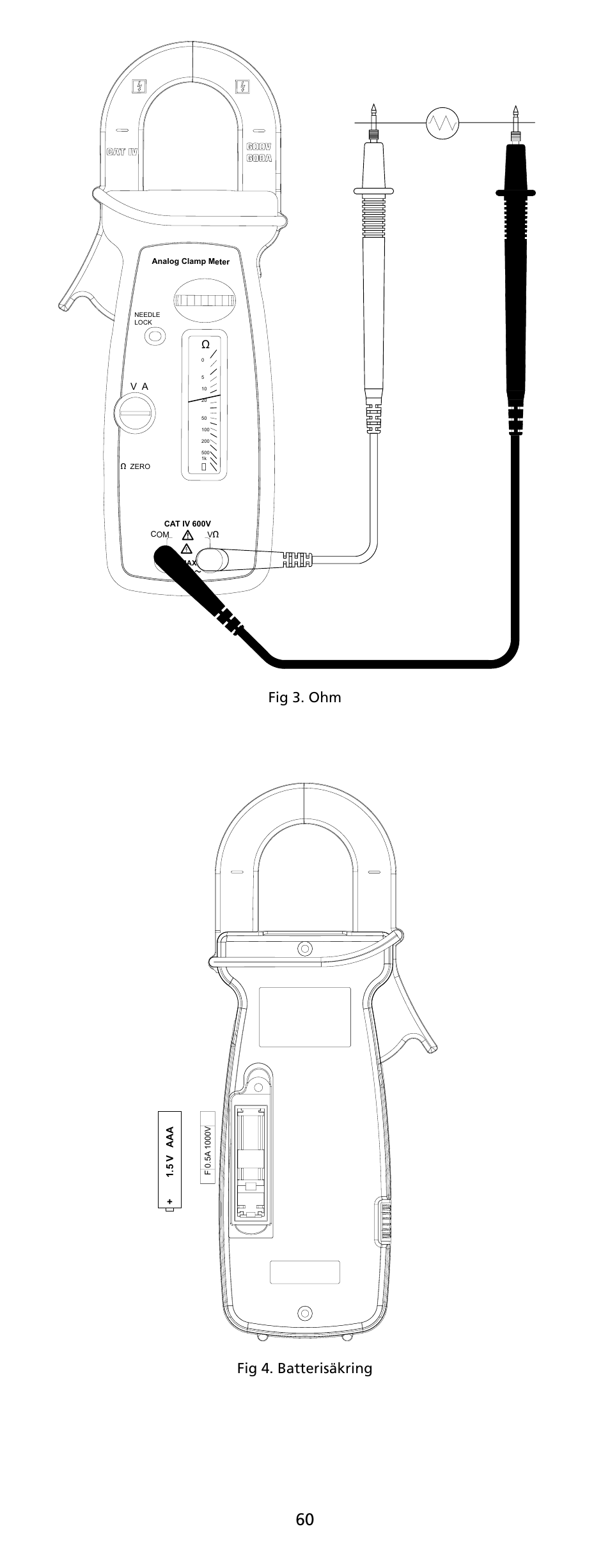 Fig 3. ohm fig 4. batterisäkring | Amprobe RS-1007-PRO Analog-Clamp-Meter-Series User Manual | Page 62 / 64