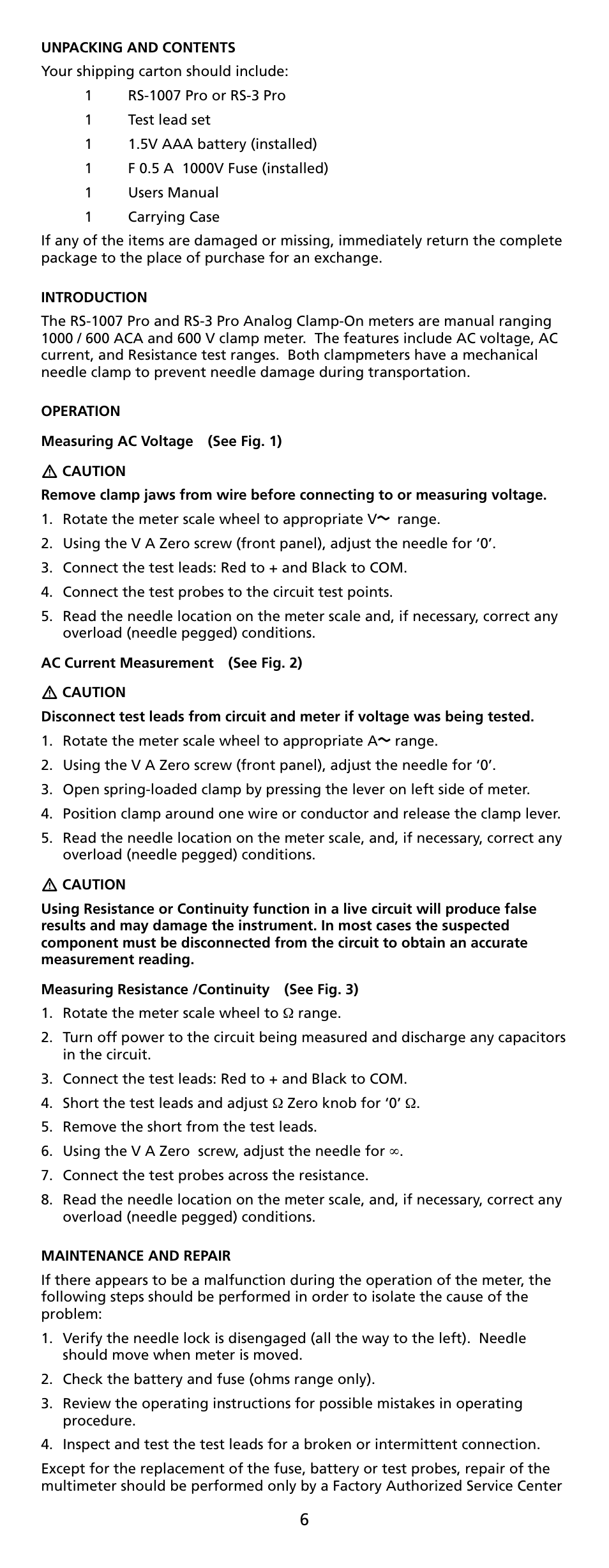 Amprobe RS-1007-PRO Analog-Clamp-Meter-Series User Manual | Page 8 / 64
