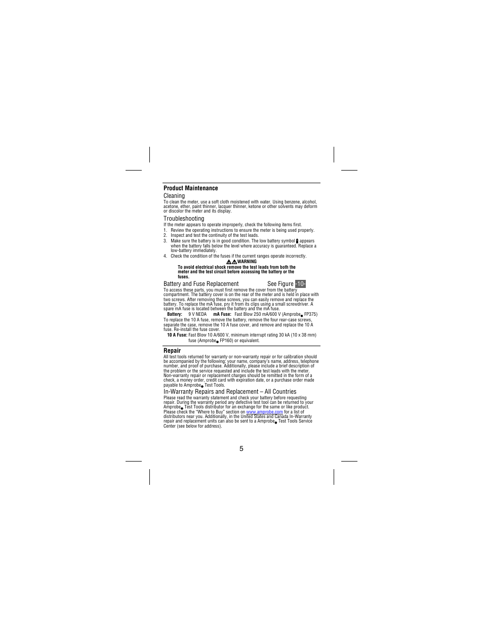 Product maintenance cleaning, Troubleshooting, Battery and fuse replacement see figure -10 | Repair | Amprobe 30XR-A Professional-Digital-Multimeter User Manual | Page 11 / 53