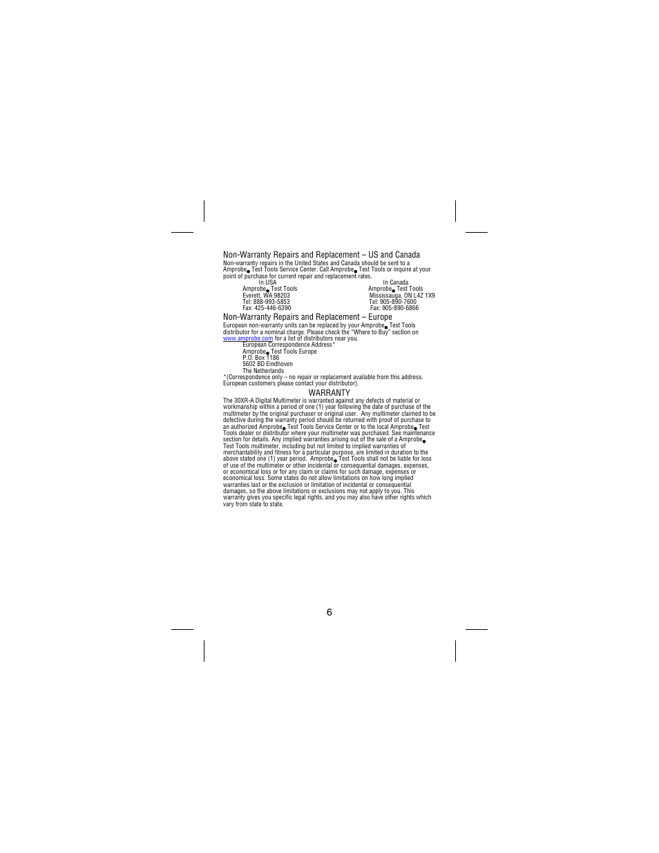 Non-warranty repairs and replacement – europe, Warranty | Amprobe 30XR-A Professional-Digital-Multimeter User Manual | Page 12 / 53