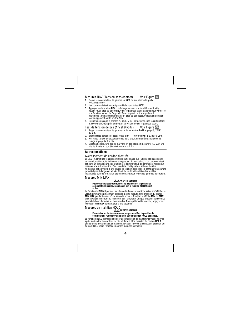 Mesures ncv (tension sans contact) voir figure -8, Autres fonctions avertissement de cordon d’entrée, Mesures min max | Mesures en maintien hold | Amprobe 30XR-A Professional-Digital-Multimeter User Manual | Page 24 / 53