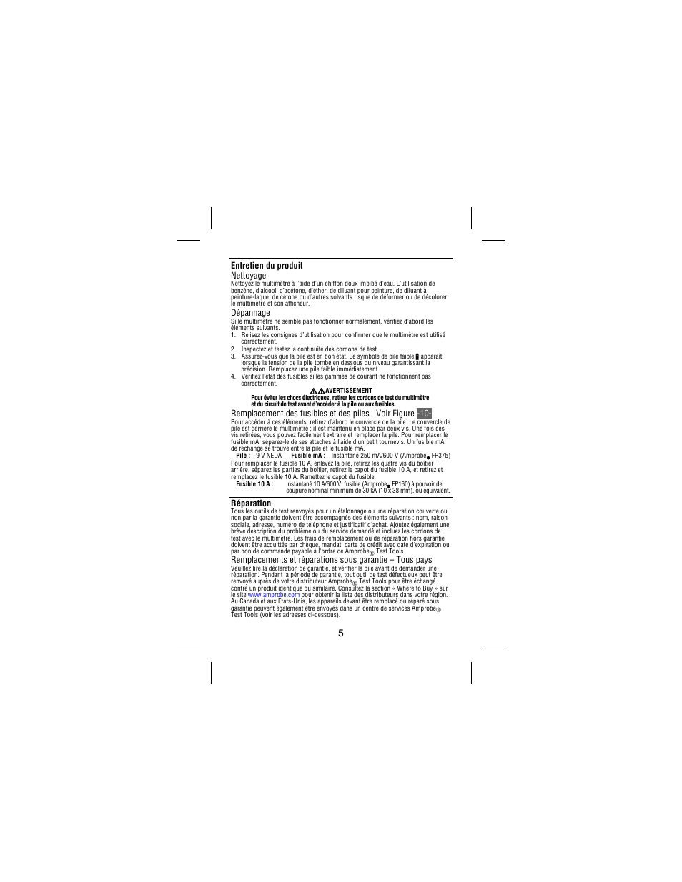 Entretien du produit nettoyage, Dépannage, Réparation | Amprobe 30XR-A Professional-Digital-Multimeter User Manual | Page 25 / 53