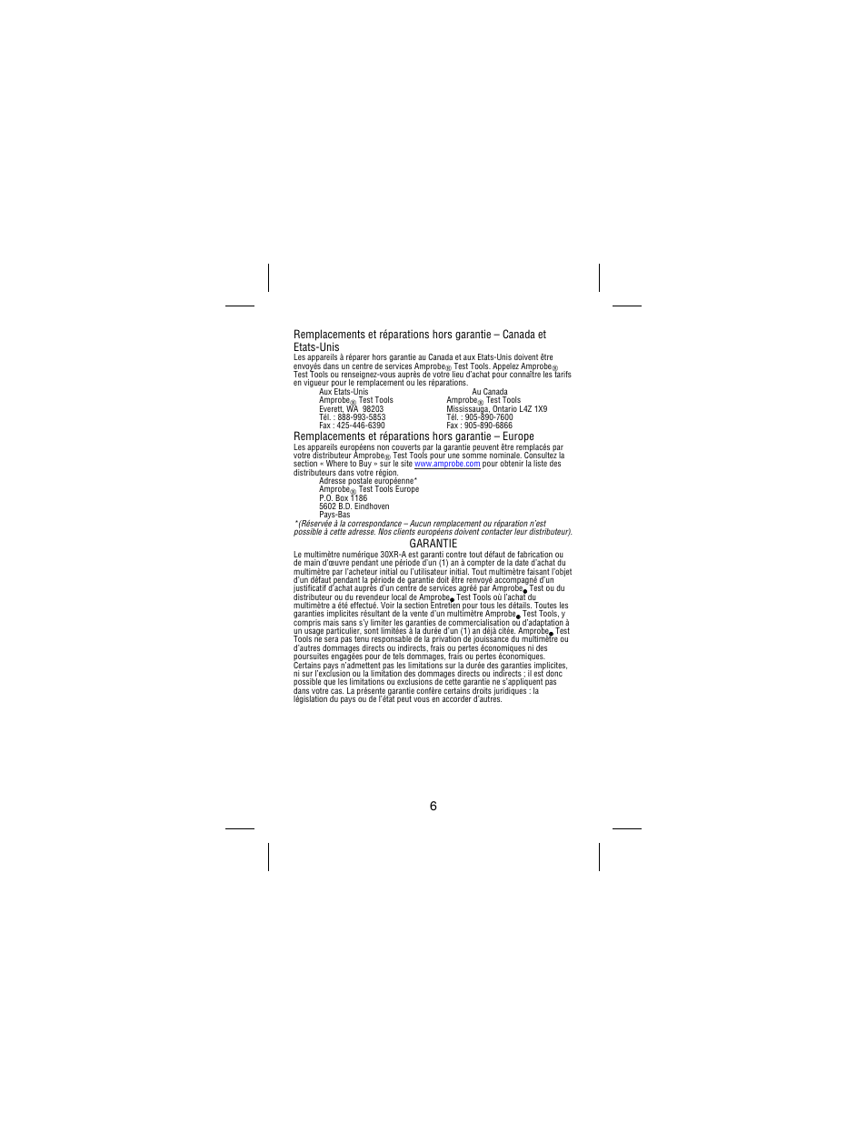 Garantie | Amprobe 30XR-A Professional-Digital-Multimeter User Manual | Page 26 / 53