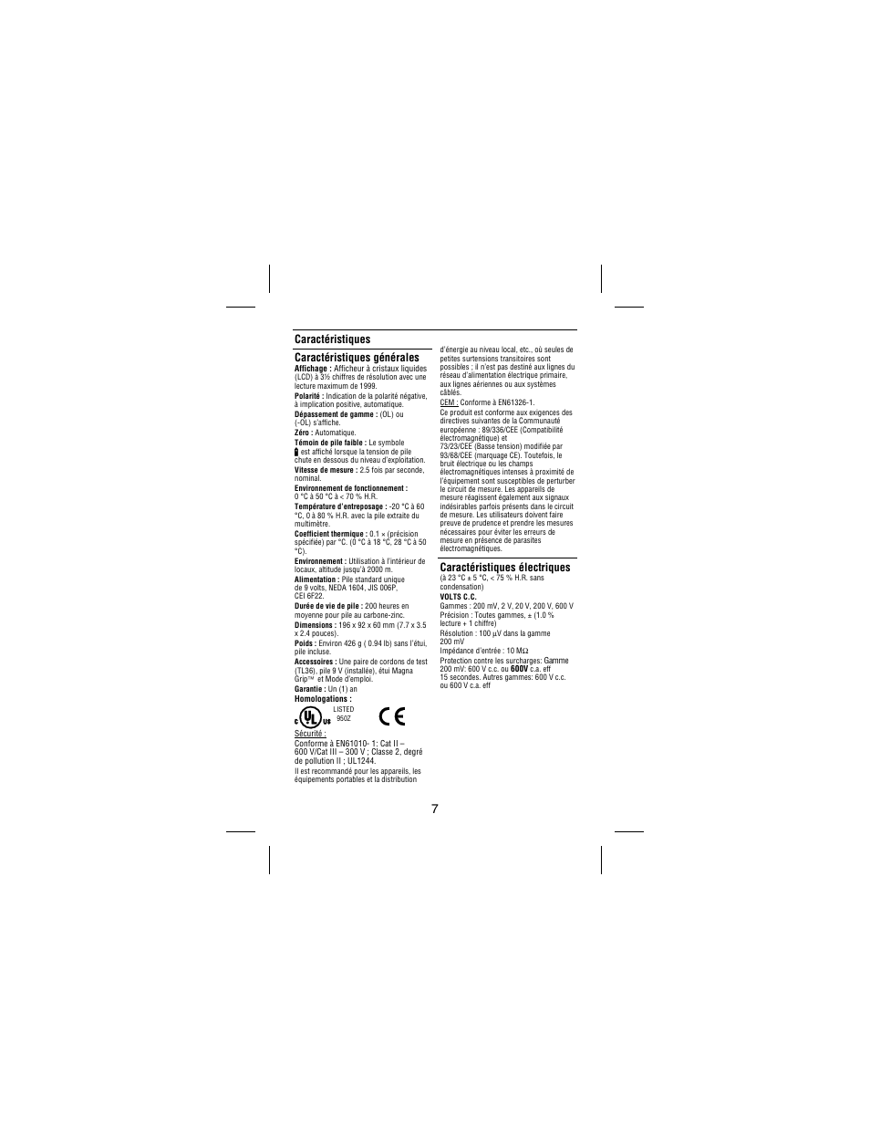 Caractéristiques caractéristiques générales, Caractéristiques électriques | Amprobe 30XR-A Professional-Digital-Multimeter User Manual | Page 27 / 53