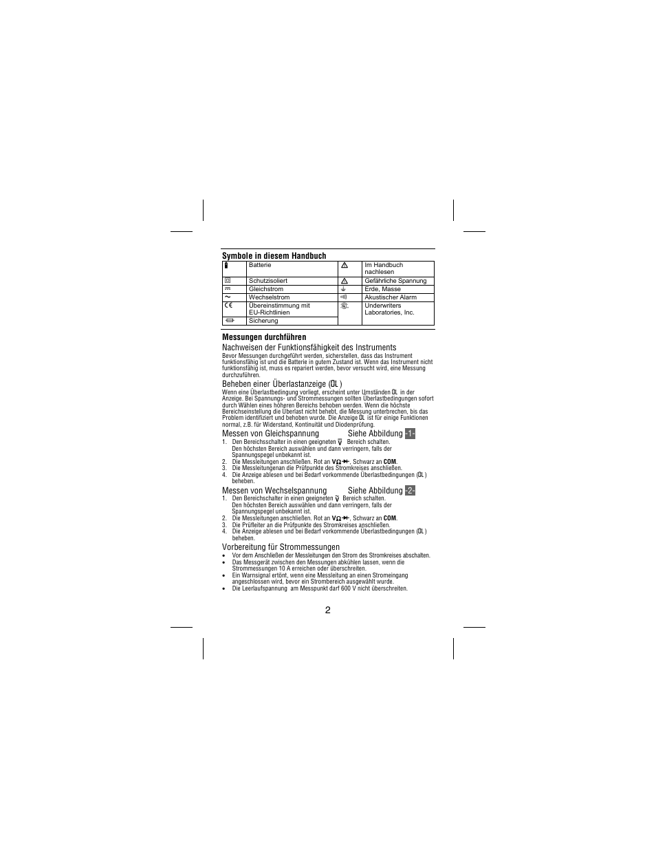 Symbole in diesem handbuch, Beheben einer, Überlastanzeige ( o) | Messen von gleichspannung siehe abbildung -1, Messen von wechselspannung siehe abbildung -2, Vorbereitung für strommessungen | Amprobe 30XR-A Professional-Digital-Multimeter User Manual | Page 30 / 53