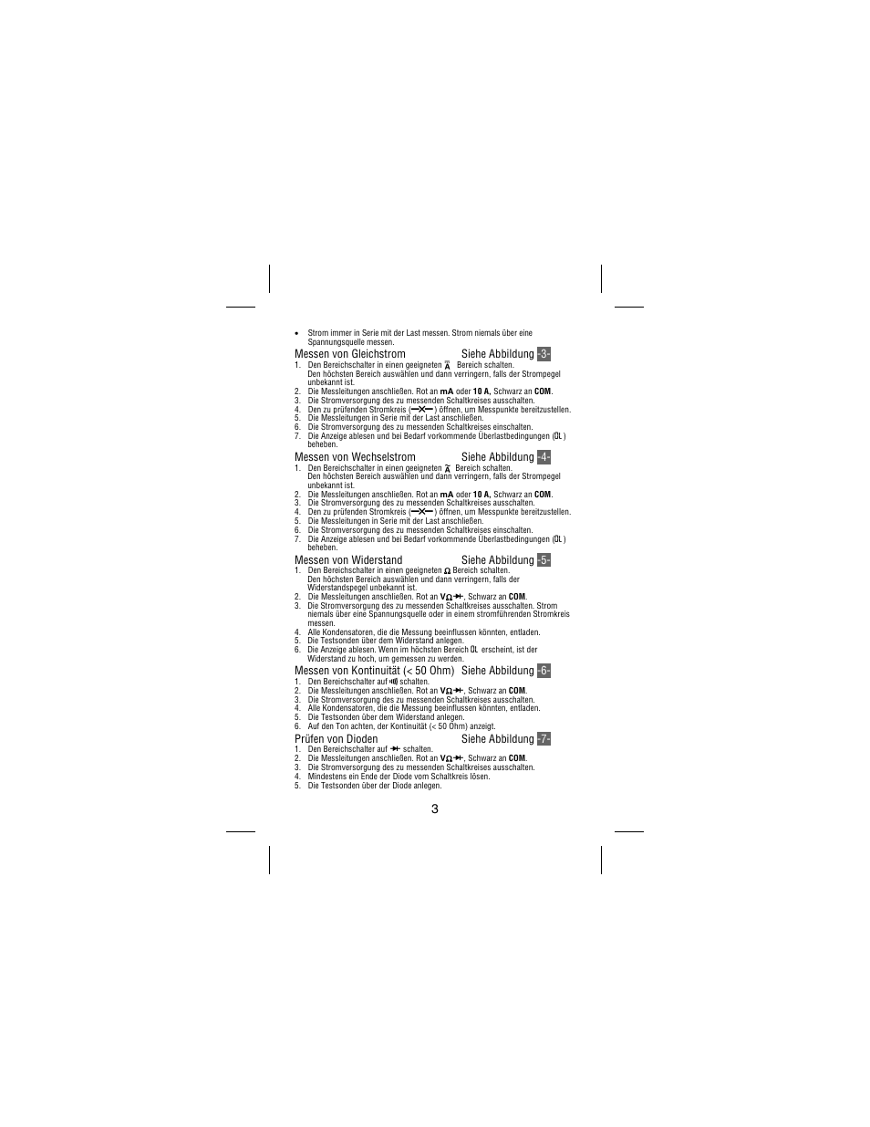 Messen von gleichstrom siehe abbildung -3, Messen von wechselstrom siehe abbildung -4, Messen von widerstand siehe abbildung -5 | Prüfen von dioden siehe abbildung -7 | Amprobe 30XR-A Professional-Digital-Multimeter User Manual | Page 31 / 53
