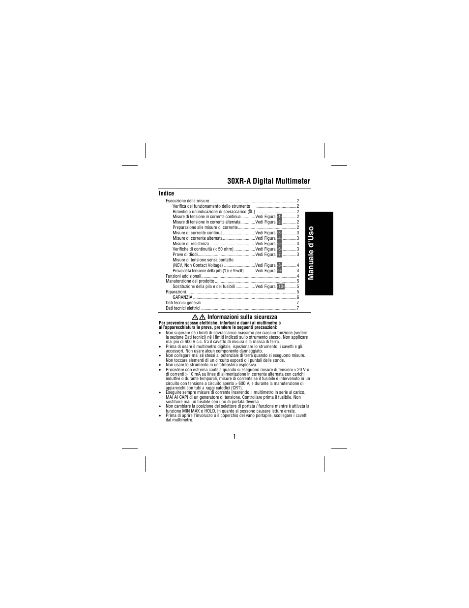Italiano, 30xr-a digital multimeter, Manuale d'uso | Indice, Xw informazioni sulla sicurezza | Amprobe 30XR-A Professional-Digital-Multimeter User Manual | Page 37 / 53