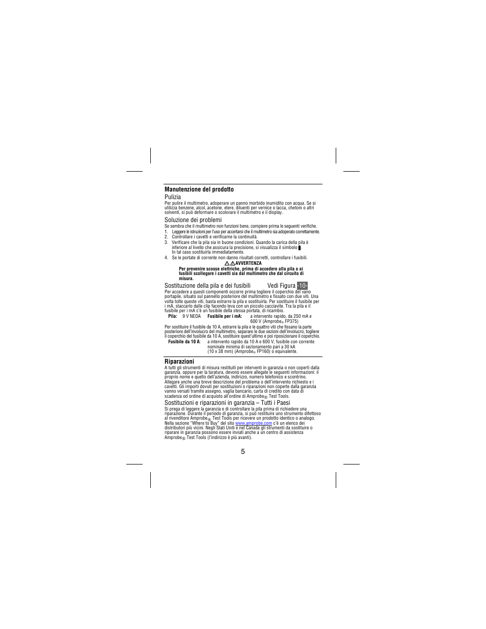 Manutenzione del prodotto pulizia, Soluzione dei problemi, Riparazioni | Amprobe 30XR-A Professional-Digital-Multimeter User Manual | Page 41 / 53