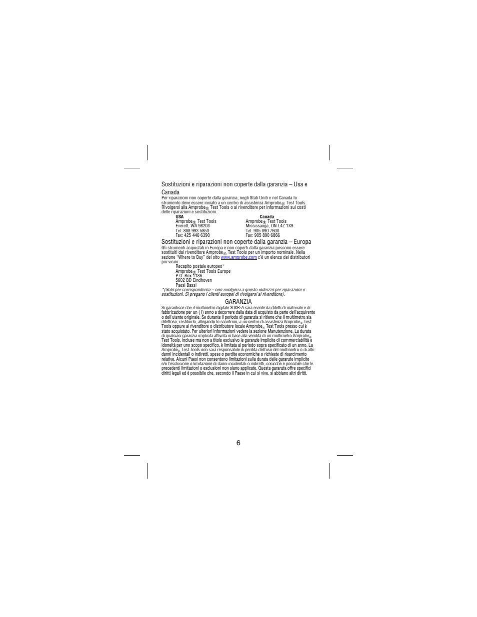 Garanzia | Amprobe 30XR-A Professional-Digital-Multimeter User Manual | Page 42 / 53
