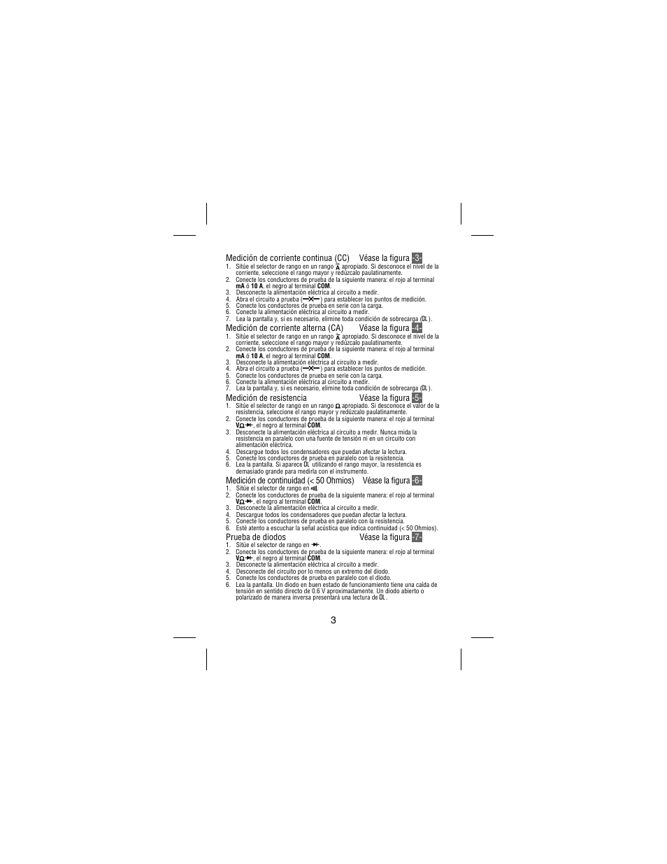 Medición de resistencia véase la figura -5, Prueba de diodos véase la figura -7 | Amprobe 30XR-A Professional-Digital-Multimeter User Manual | Page 47 / 53