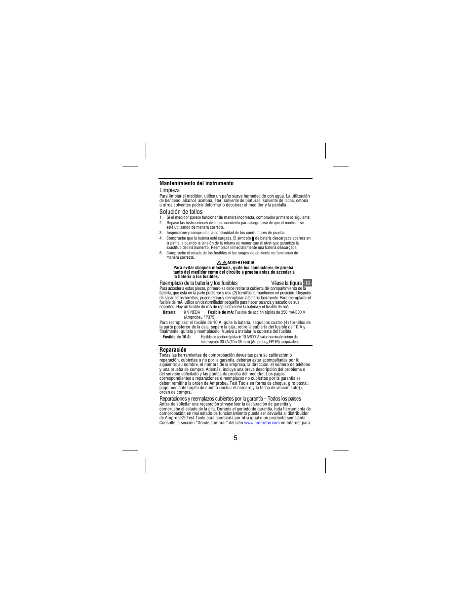 Solución de fallos, Mantenimiento del instrumento limpieza, Reparación | Amprobe 30XR-A Professional-Digital-Multimeter User Manual | Page 49 / 53