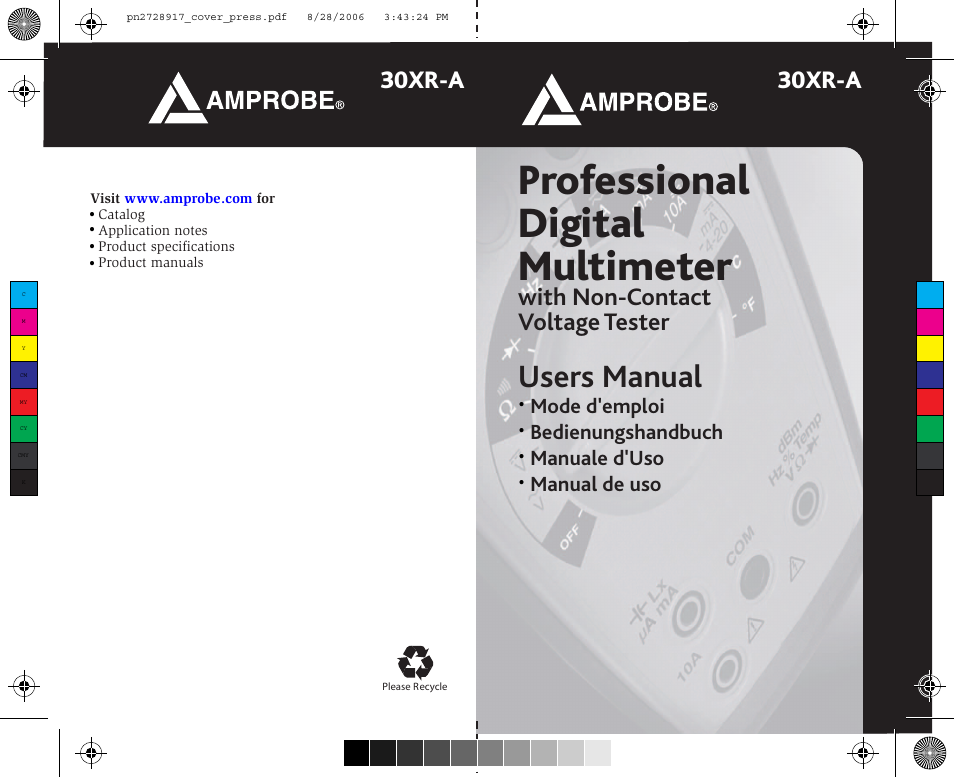 Professional digital multimeter, Users manual, 30xr-a | With non-contact voltage tester | Amprobe 30XR-A Professional-Digital-Multimeter User Manual | Page 53 / 53