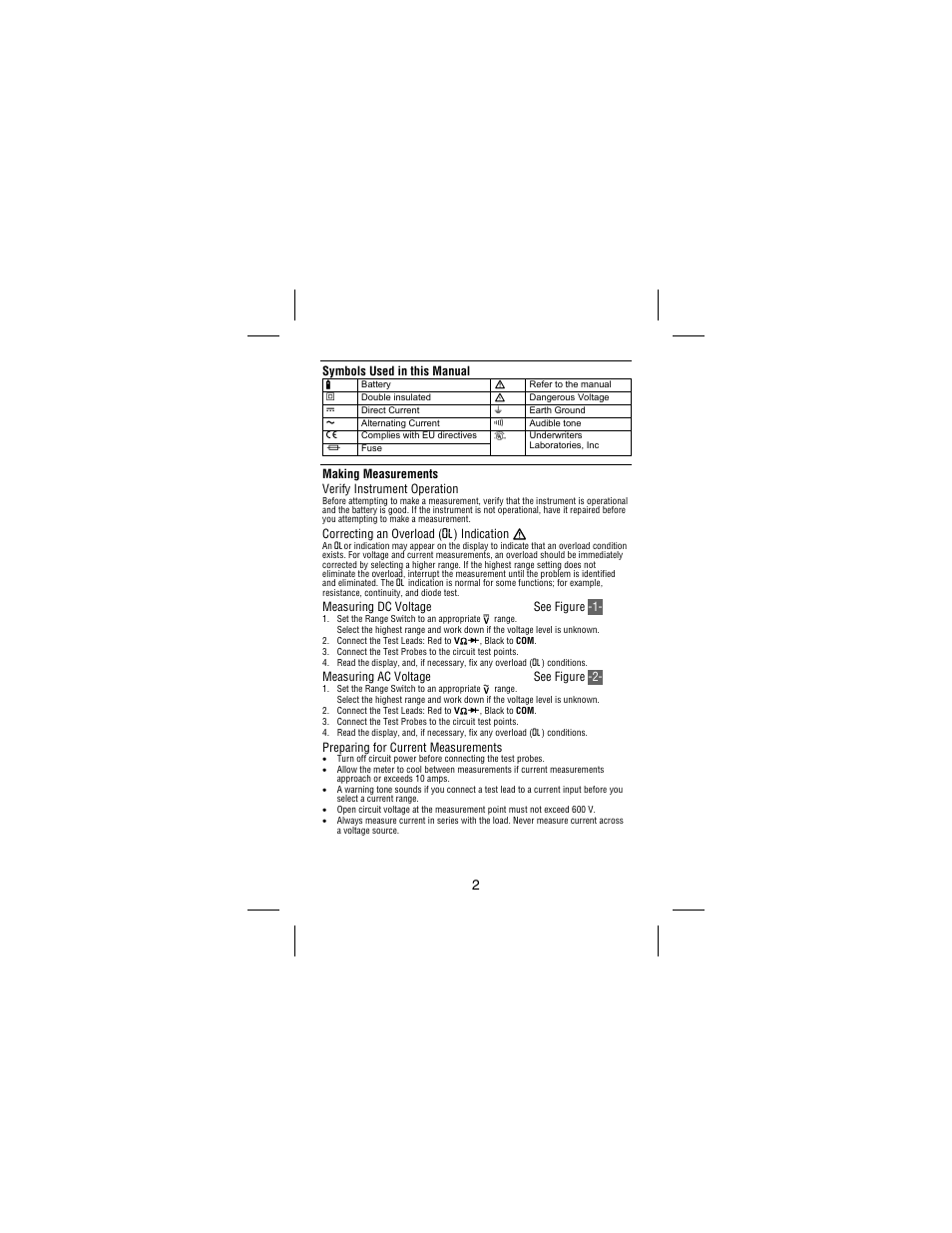 Symbols used in this manual, Making measurements verify instrument operation, Correcting an overload ( 0o ) indication w | Measuring dc voltage see figure -1, Measuring ac voltage see figure -2, Preparing for current measurements | Amprobe 30XR-A Professional-Digital-Multimeter User Manual | Page 8 / 53