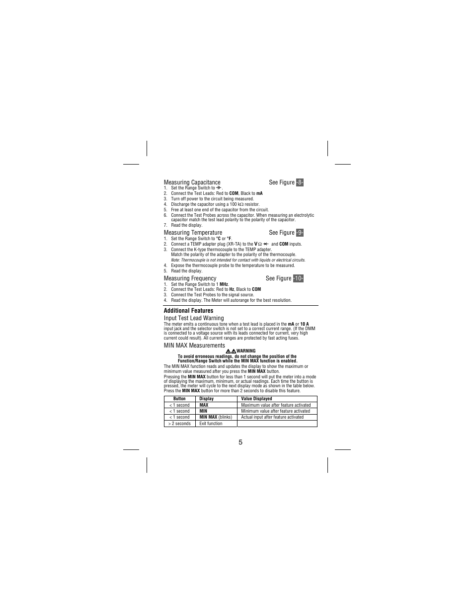 Measuring capacitance see figure -8, Measuring temperature see figure -9, Measuring frequency see figure -10 | Additional features input test lead warning, Min max measurements | Amprobe 33XR-A Professional-Digital-Multimeter User Manual | Page 11 / 73