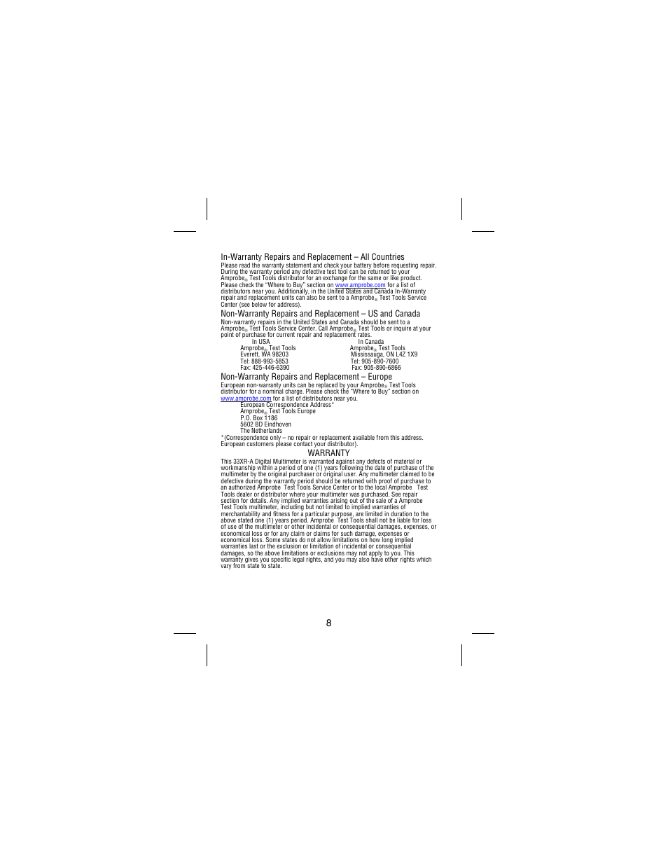 Non-warranty repairs and replacement – europe, Warranty | Amprobe 33XR-A Professional-Digital-Multimeter User Manual | Page 14 / 73