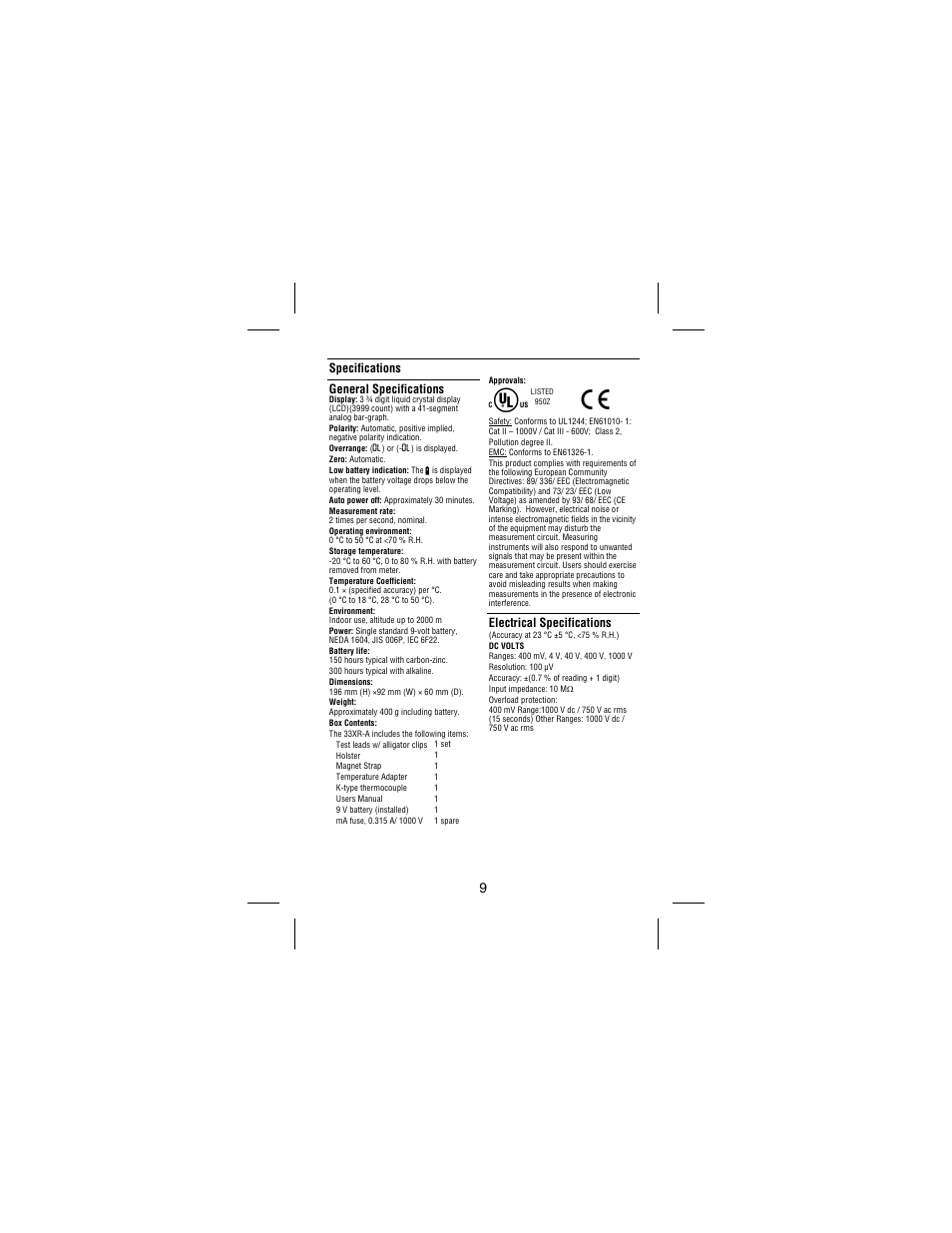Specifications general specifications, Electrical specifications | Amprobe 33XR-A Professional-Digital-Multimeter User Manual | Page 15 / 73