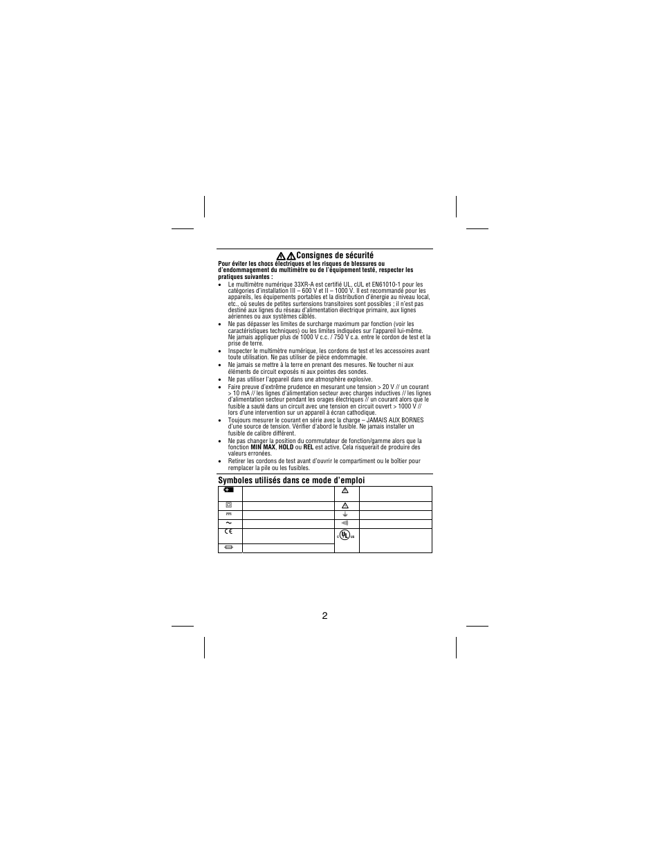 Xw consignes de sécurité, Symboles utilisés dans ce mode d’emploi | Amprobe 33XR-A Professional-Digital-Multimeter User Manual | Page 26 / 73
