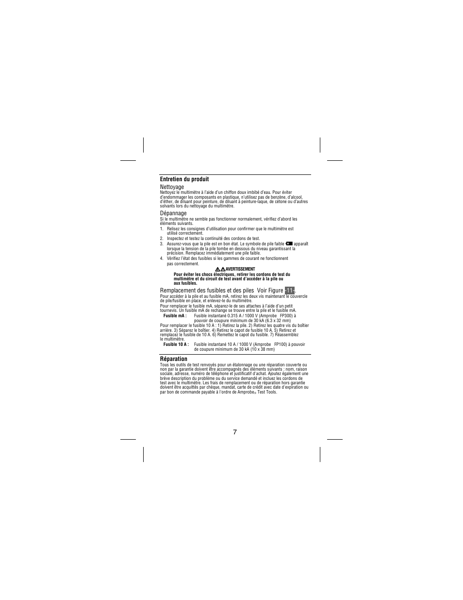 Entretien du produit nettoyage, Dépannage, Réparation | Amprobe 33XR-A Professional-Digital-Multimeter User Manual | Page 31 / 73