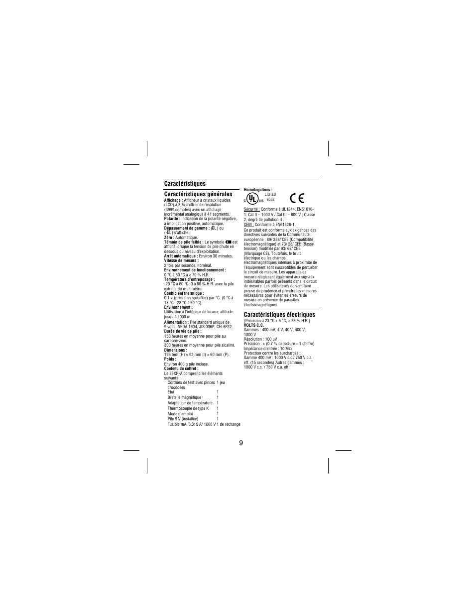 Caractéristiques caractéristiques générales, Caractéristiques électriques | Amprobe 33XR-A Professional-Digital-Multimeter User Manual | Page 33 / 73