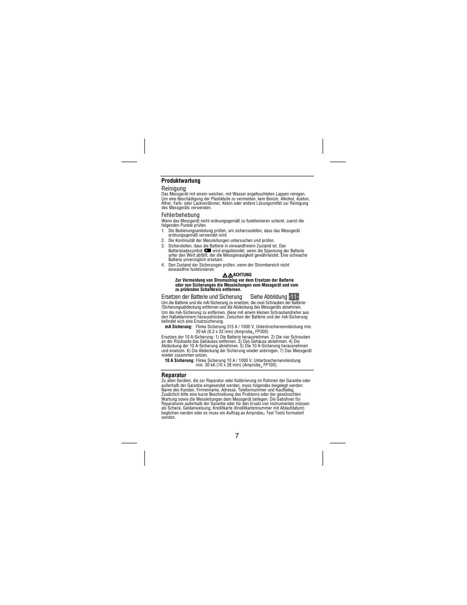 Produktwartung reinigung, Fehlerbehebung, Reparatur | Amprobe 33XR-A Professional-Digital-Multimeter User Manual | Page 43 / 73