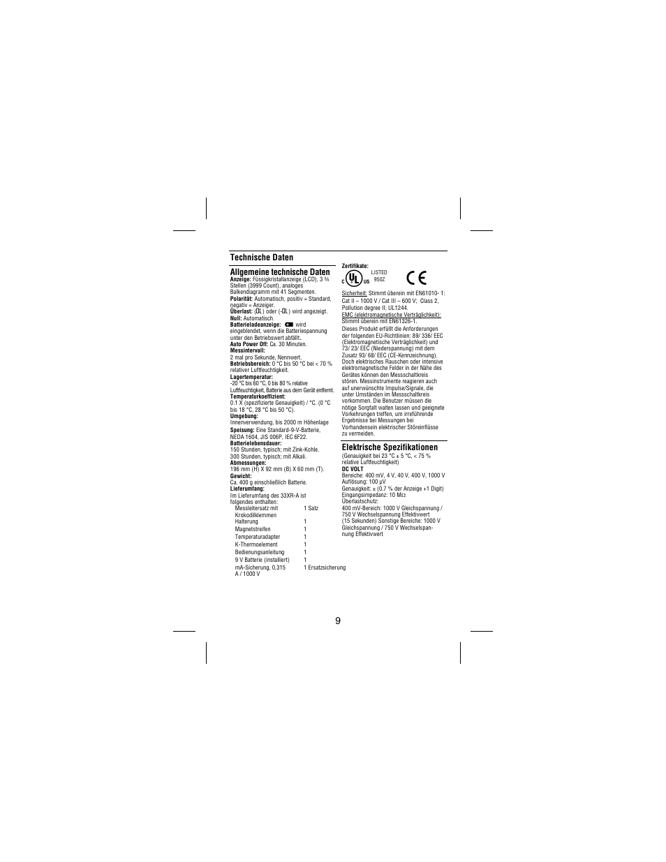 Technische daten allgemeine technische daten, Elektrische spezifikationen | Amprobe 33XR-A Professional-Digital-Multimeter User Manual | Page 45 / 73