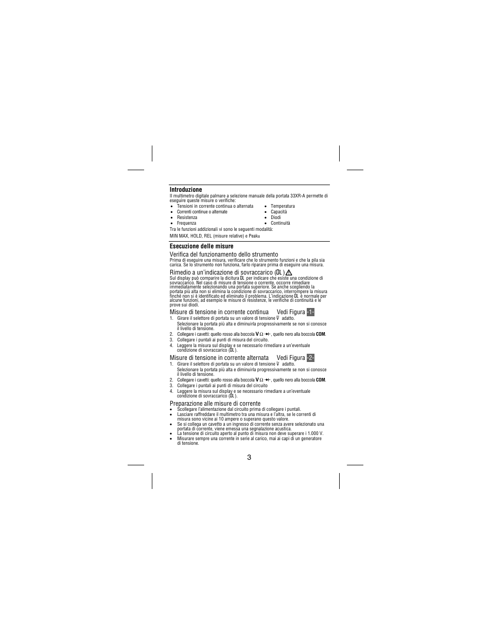 Introduzione, Rimedio a un’indicazione di sovraccarico ( o)w, Preparazione alle misure di corrente | Amprobe 33XR-A Professional-Digital-Multimeter User Manual | Page 51 / 73