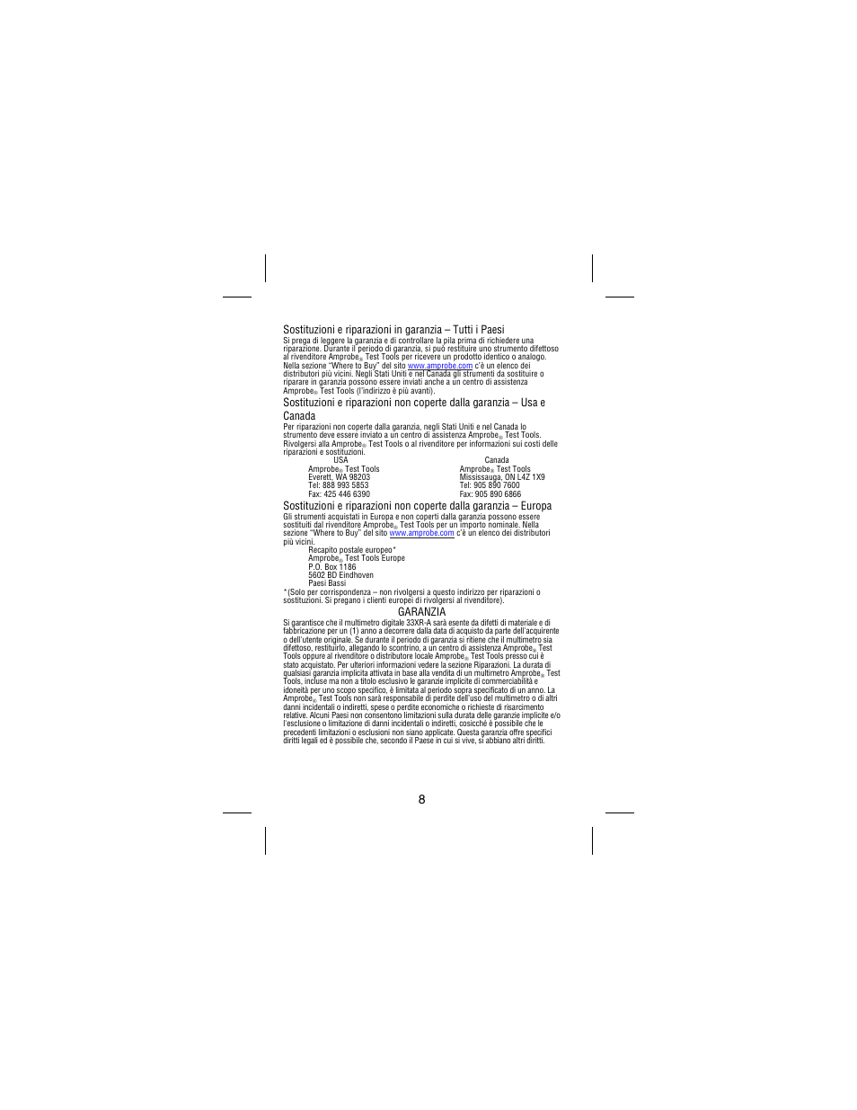 Garanzia | Amprobe 33XR-A Professional-Digital-Multimeter User Manual | Page 56 / 73