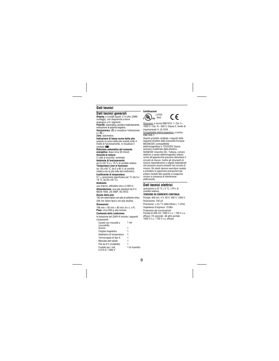 Dati tecnici dati tecnici generali, Dati tecnici elettrici | Amprobe 33XR-A Professional-Digital-Multimeter User Manual | Page 57 / 73