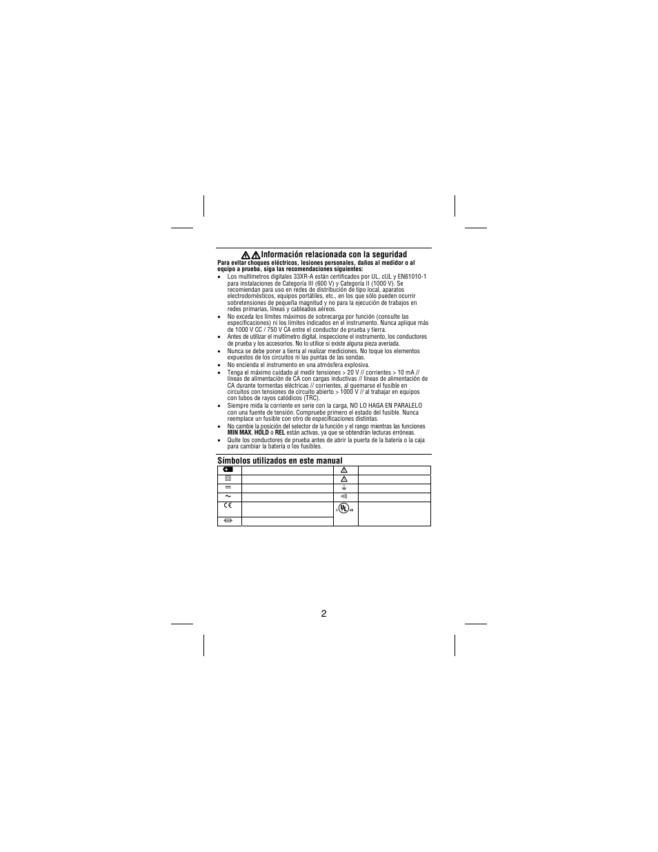 Xw información relacionada con la seguridad, Símbolos utilizados en este manual | Amprobe 33XR-A Professional-Digital-Multimeter User Manual | Page 62 / 73