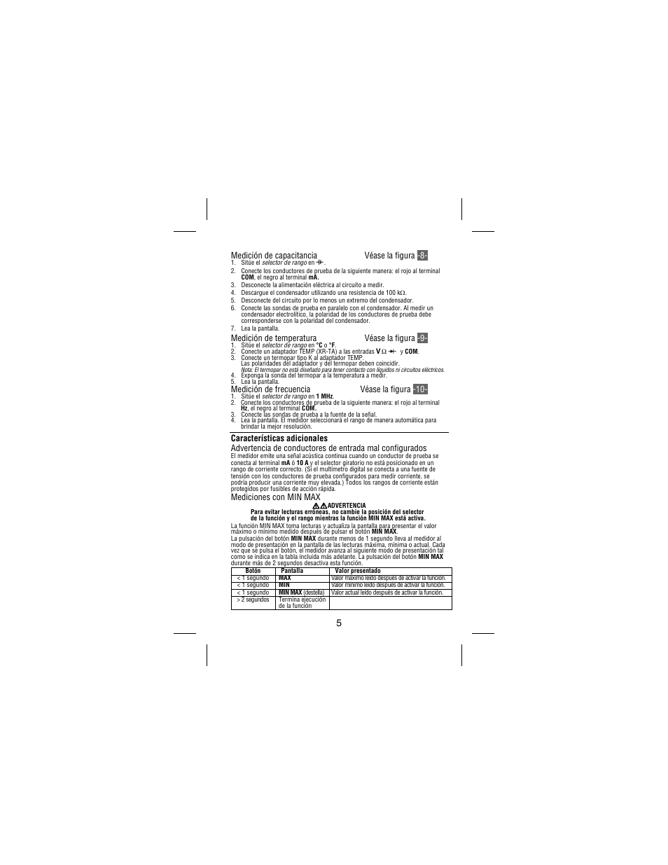 Medición de capacitancia véase la figura -8, Medición de temperatura véase la figura -9, Medición de frecuencia véase la figura -10 | Mediciones con min max | Amprobe 33XR-A Professional-Digital-Multimeter User Manual | Page 65 / 73