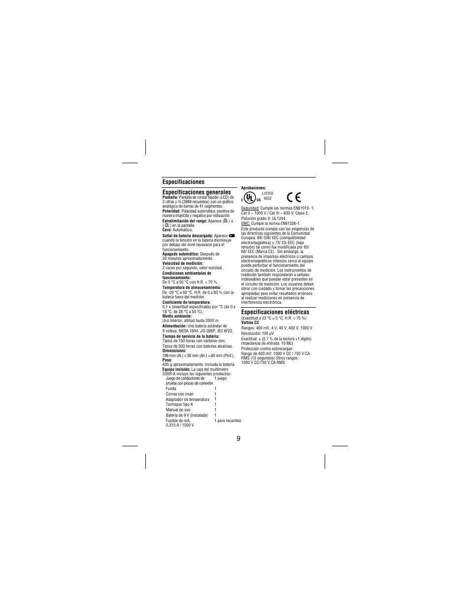 Especificaciones especificaciones generales, Especificaciones eléctricas | Amprobe 33XR-A Professional-Digital-Multimeter User Manual | Page 69 / 73