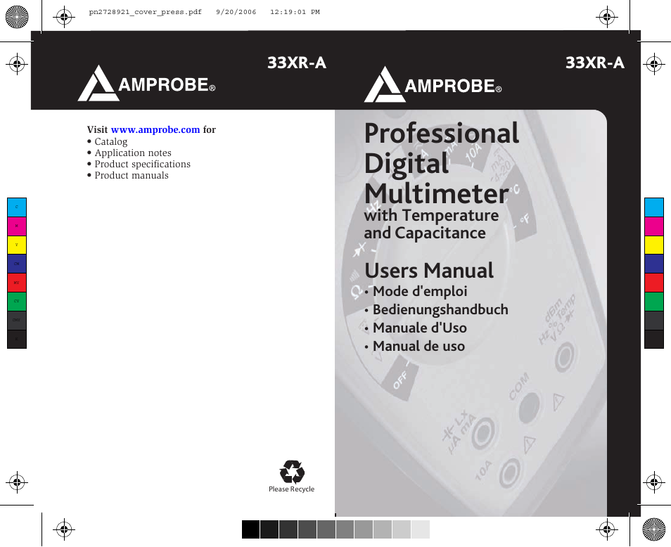 Professional digital multimeter, Users manual, 33xr-a | With temperature and capacitance | Amprobe 33XR-A Professional-Digital-Multimeter User Manual | Page 73 / 73