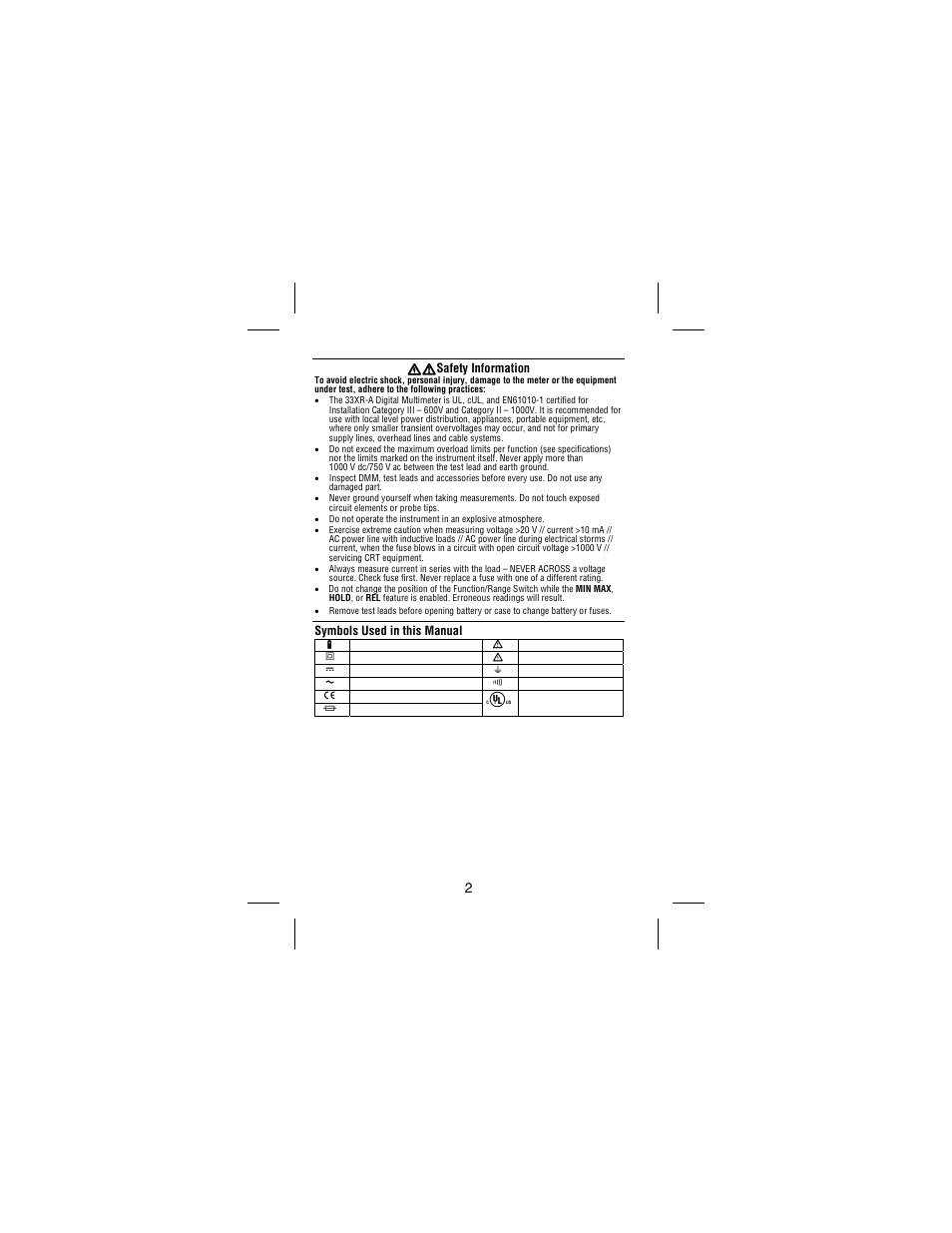 Xw safety information, Symbols used in this manual | Amprobe 33XR-A Professional-Digital-Multimeter User Manual | Page 8 / 73
