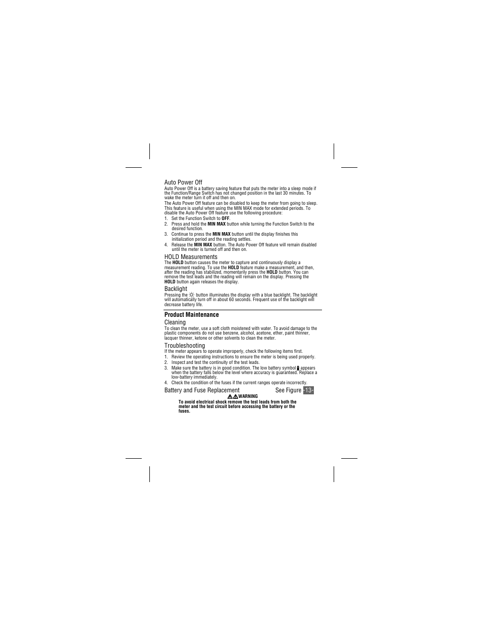 Auto power off, Hold measurements, Backlight | Product maintenance cleaning, Troubleshooting, Battery and fuse replacement see figure -13 | Amprobe 34XR-A Professional-Digital-Multimeter User Manual | Page 13 / 73