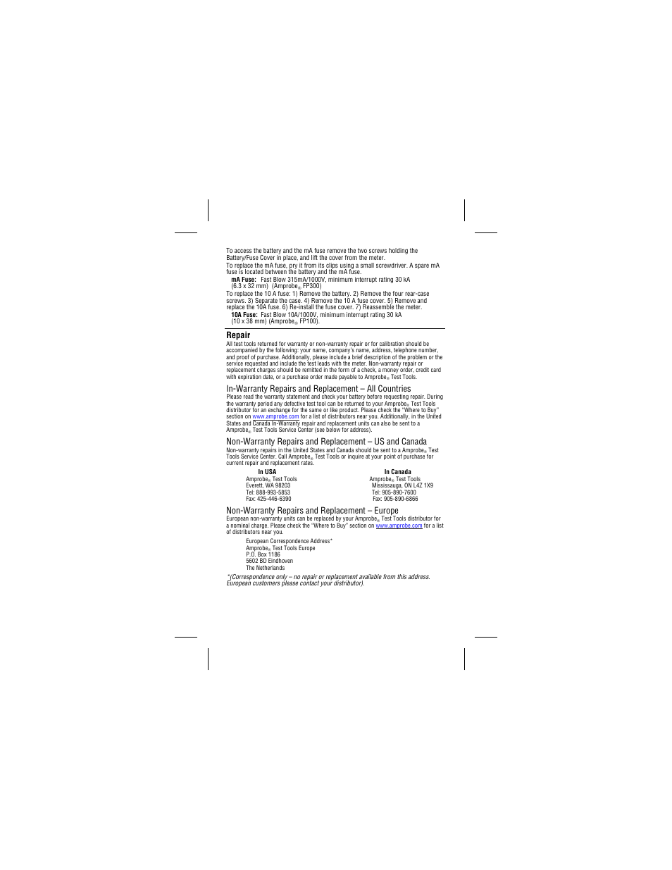 Repair, Non-warranty repairs and replacement – europe | Amprobe 34XR-A Professional-Digital-Multimeter User Manual | Page 14 / 73