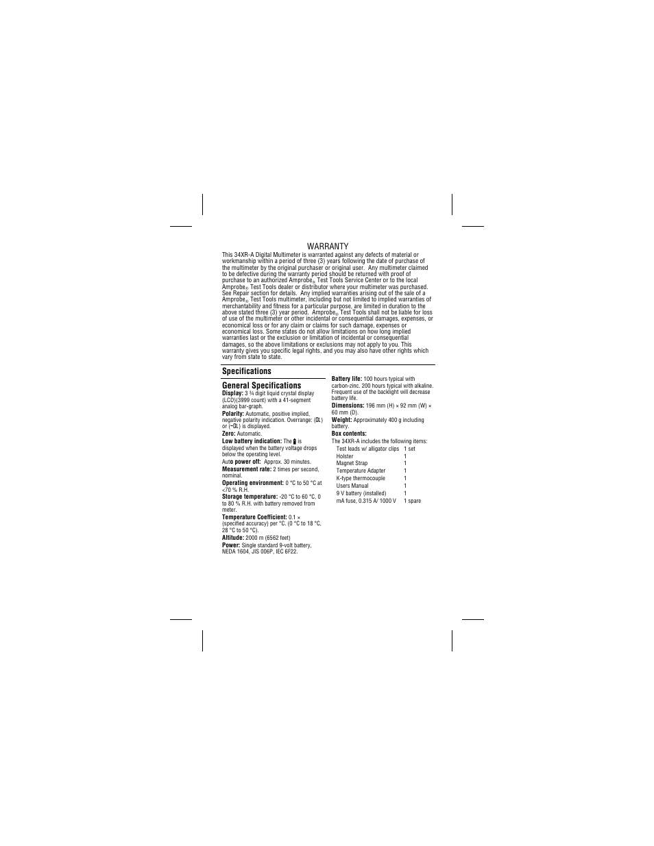 Warranty, Specifications general specifications | Amprobe 34XR-A Professional-Digital-Multimeter User Manual | Page 15 / 73