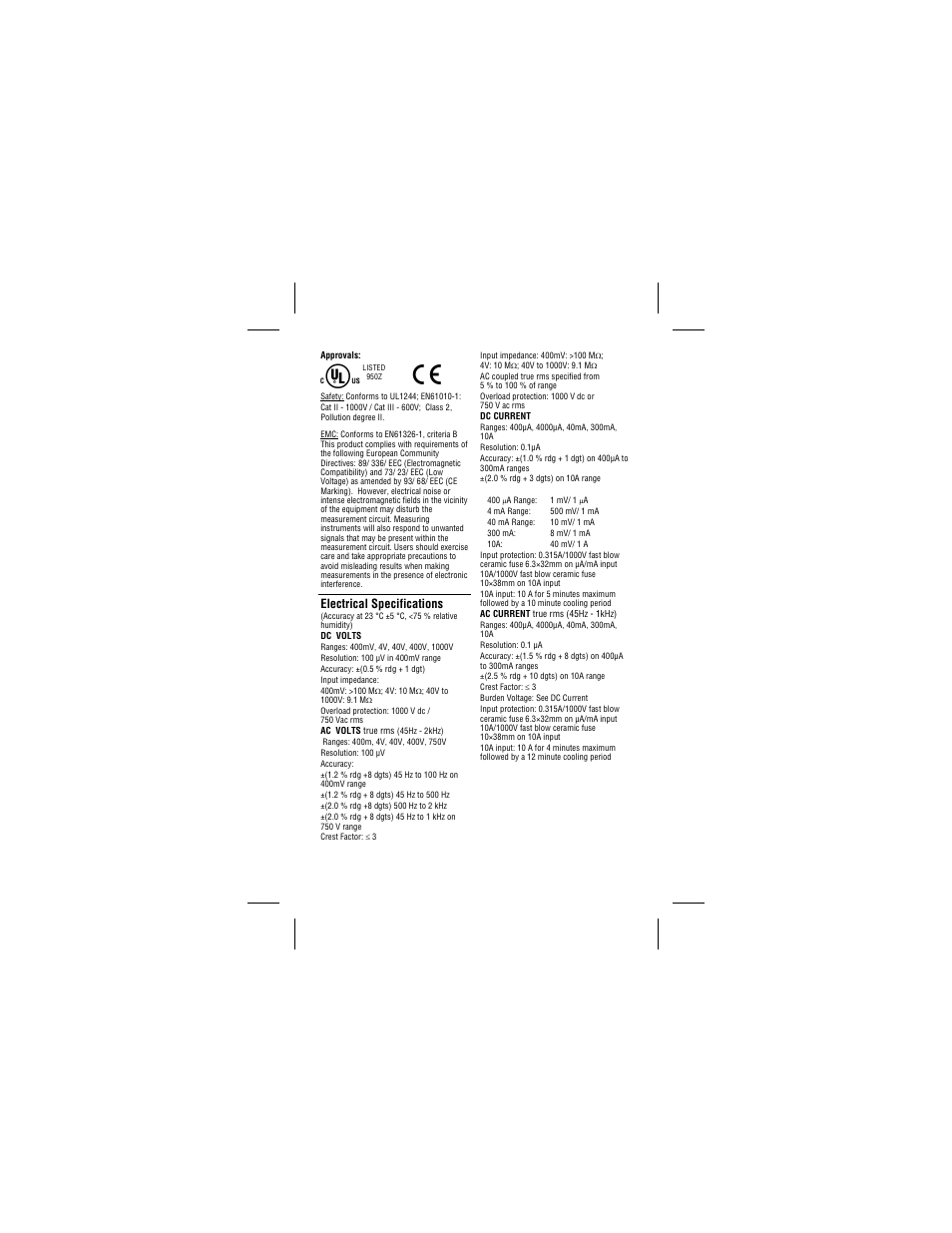 Electrical specifications | Amprobe 34XR-A Professional-Digital-Multimeter User Manual | Page 16 / 73