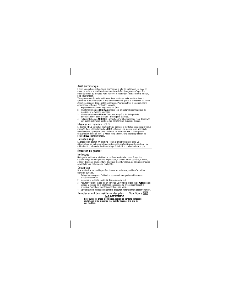 Arrêt automatique, Mesures en maintien hold, Rétroéclairage | Entretien du produit nettoyage, Dépannage | Amprobe 34XR-A Professional-Digital-Multimeter User Manual | Page 31 / 73