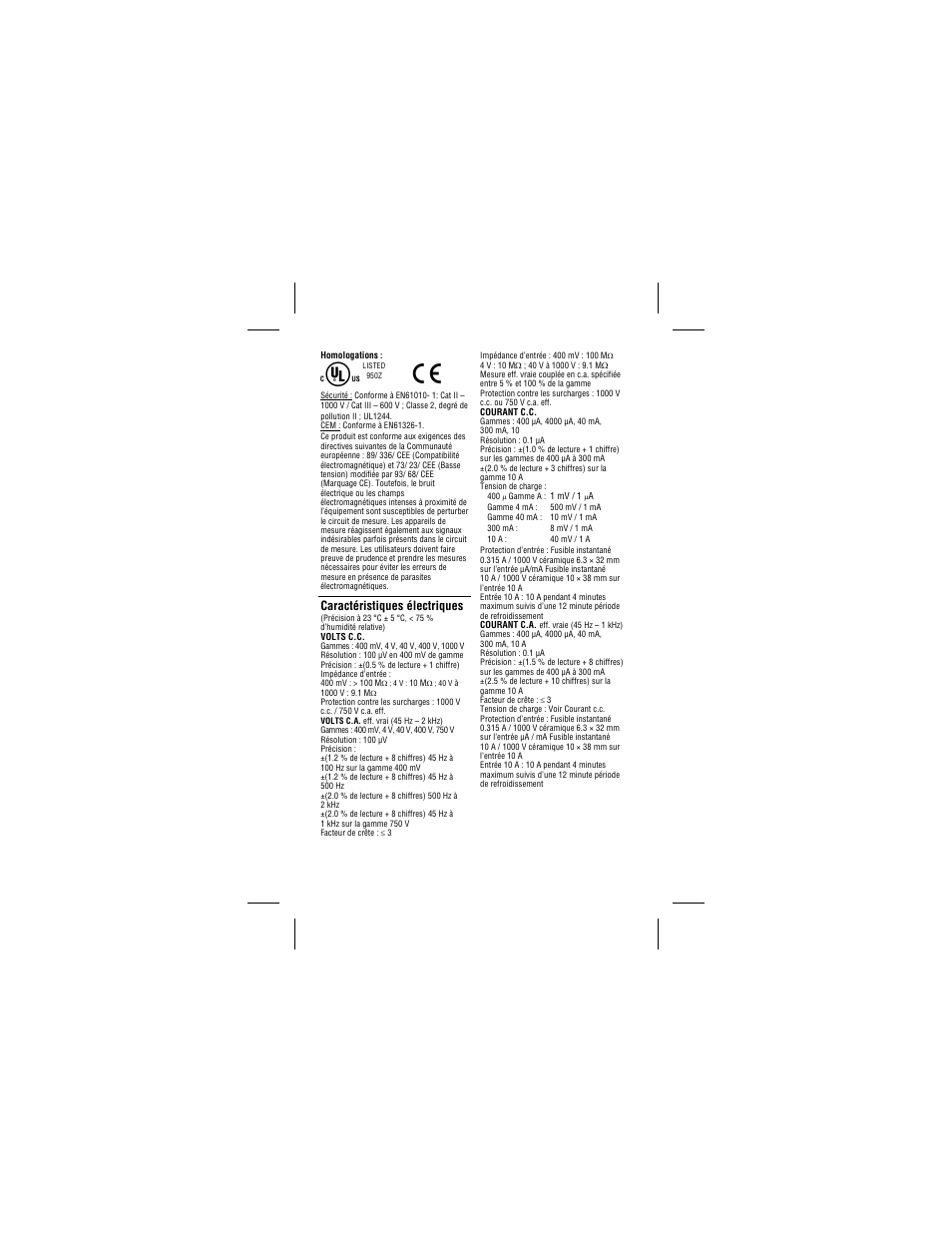 Caractéristiques électriques | Amprobe 34XR-A Professional-Digital-Multimeter User Manual | Page 34 / 73