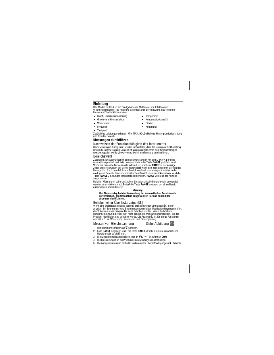 Einleitung, Bereichswahl, Beheben einer überlastanzeige ( o) | Messen von gleichspannung siehe abbildung -1 | Amprobe 34XR-A Professional-Digital-Multimeter User Manual | Page 39 / 73