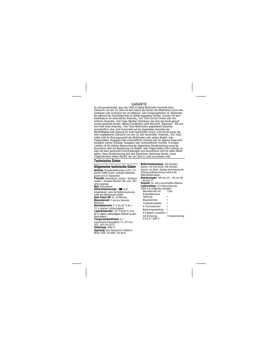 Garantie, Technische daten allgemeine technische daten | Amprobe 34XR-A Professional-Digital-Multimeter User Manual | Page 45 / 73