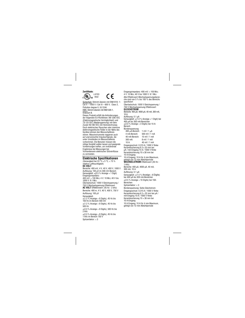 Elektrische spezifikationen | Amprobe 34XR-A Professional-Digital-Multimeter User Manual | Page 46 / 73