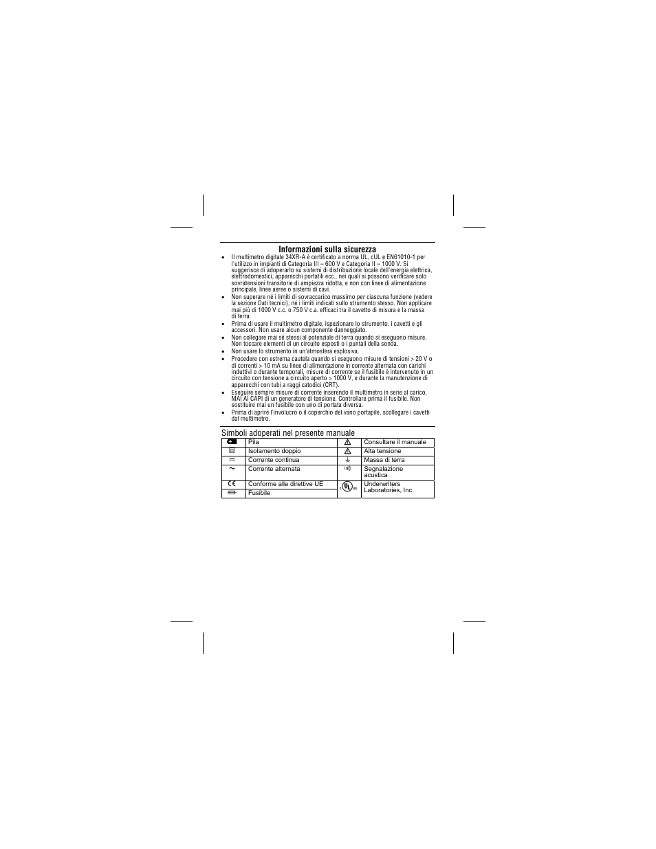Informazioni sulla sicurezza, Simboli adoperati nel presente manuale | Amprobe 34XR-A Professional-Digital-Multimeter User Manual | Page 50 / 73