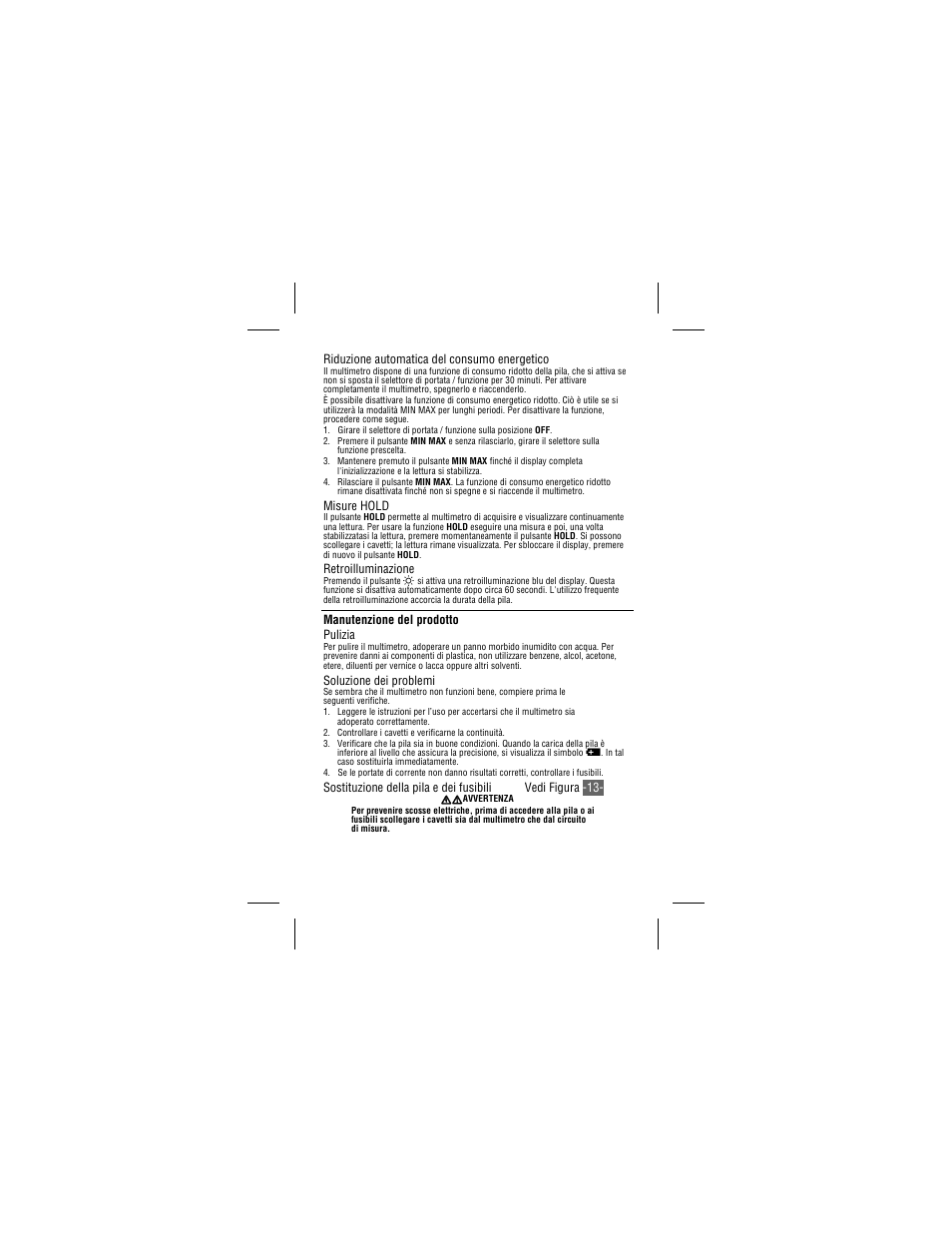 Riduzione automatica del consumo energetico, Misure hold, Retroilluminazione | Manutenzione del prodotto pulizia, Soluzione dei problemi | Amprobe 34XR-A Professional-Digital-Multimeter User Manual | Page 55 / 73