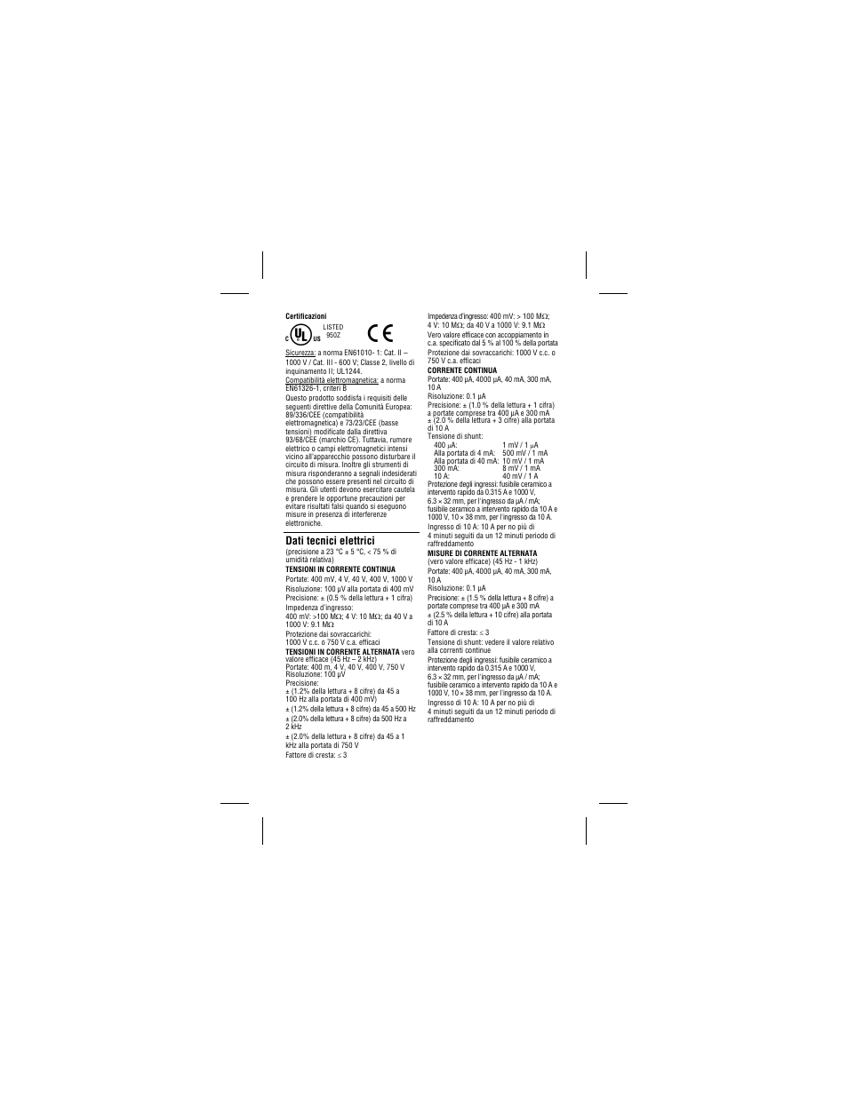 Dati tecnici elettrici | Amprobe 34XR-A Professional-Digital-Multimeter User Manual | Page 58 / 73