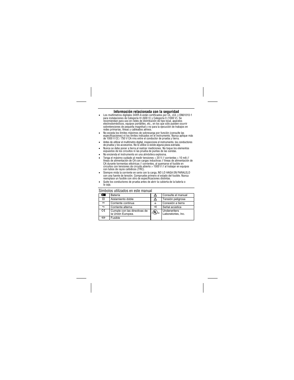 Información relacionada con la seguridad, Símbolos utilizados en este manual | Amprobe 34XR-A Professional-Digital-Multimeter User Manual | Page 62 / 73