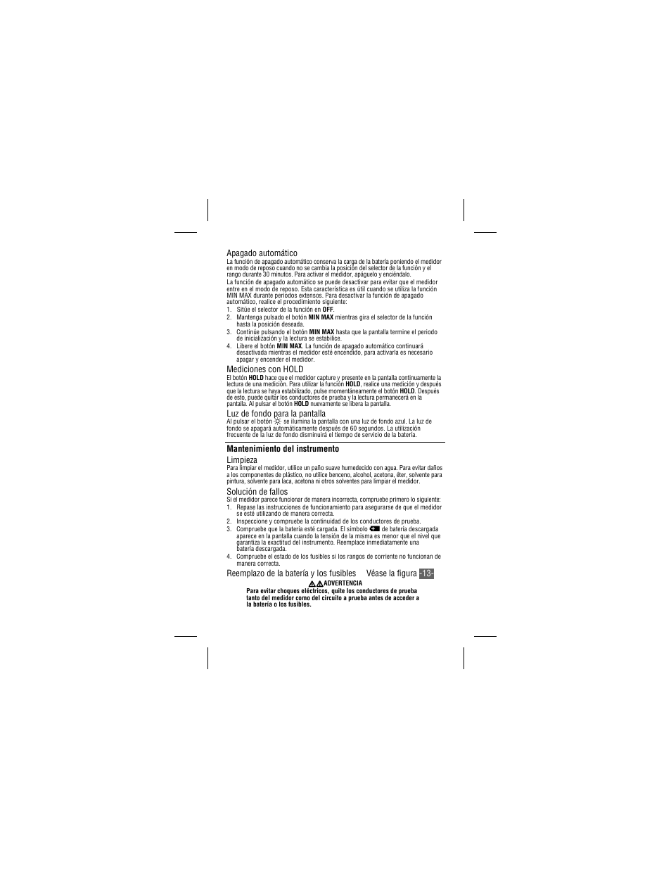 Apagado automático, Mediciones con hold, Luz de fondo para la pantalla | Mantenimiento del instrumento limpieza, Solución de fallos | Amprobe 34XR-A Professional-Digital-Multimeter User Manual | Page 67 / 73