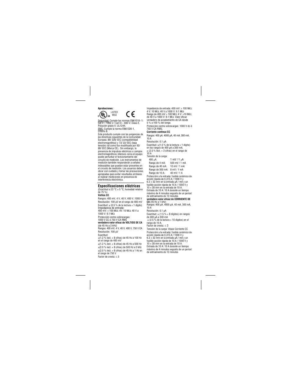 Especificaciones eléctricas | Amprobe 34XR-A Professional-Digital-Multimeter User Manual | Page 70 / 73